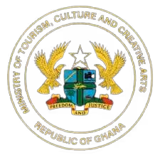 Seal of the Ministry of Tourism, Culture and Creative Arts of the Republic of Ghana featuring two golden eagles, a shield with symbols, and a banner with the words 'Freedom and Justice'.