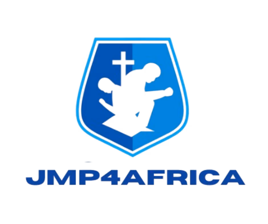 Blue shield logo with a black silhouette of a person kneeling in prayer before a cross, and the text 'JMP4AFRICA' below.