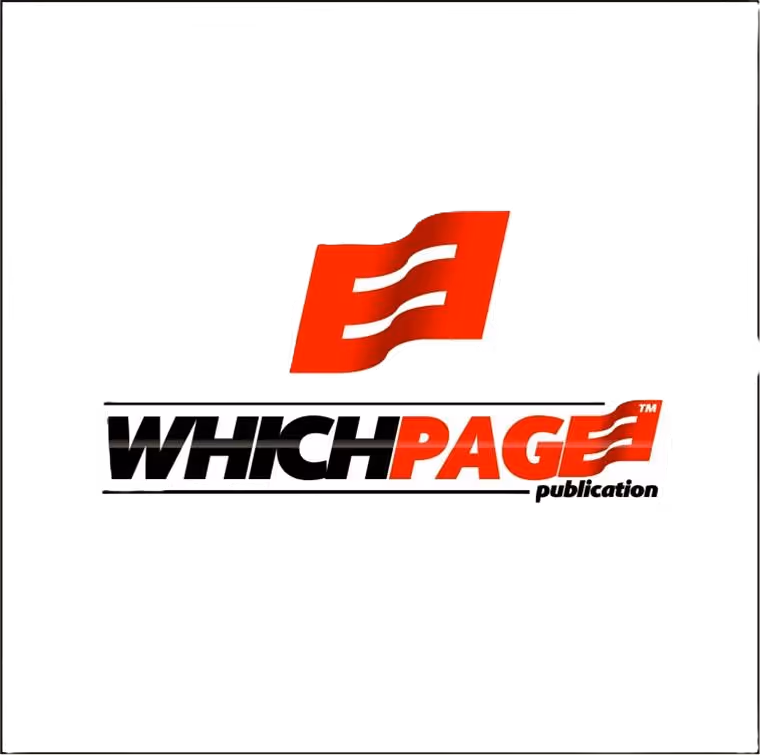 Logo with a red waving flag above the text 'WHICHPAGE' in black and red, accompanied by the word 'publication' in smaller black font.