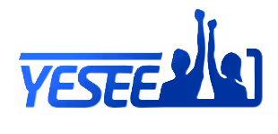 Blue stylized logo with the word 'YESEE' and two raised hands holding a trophy inside a rectangular outline.