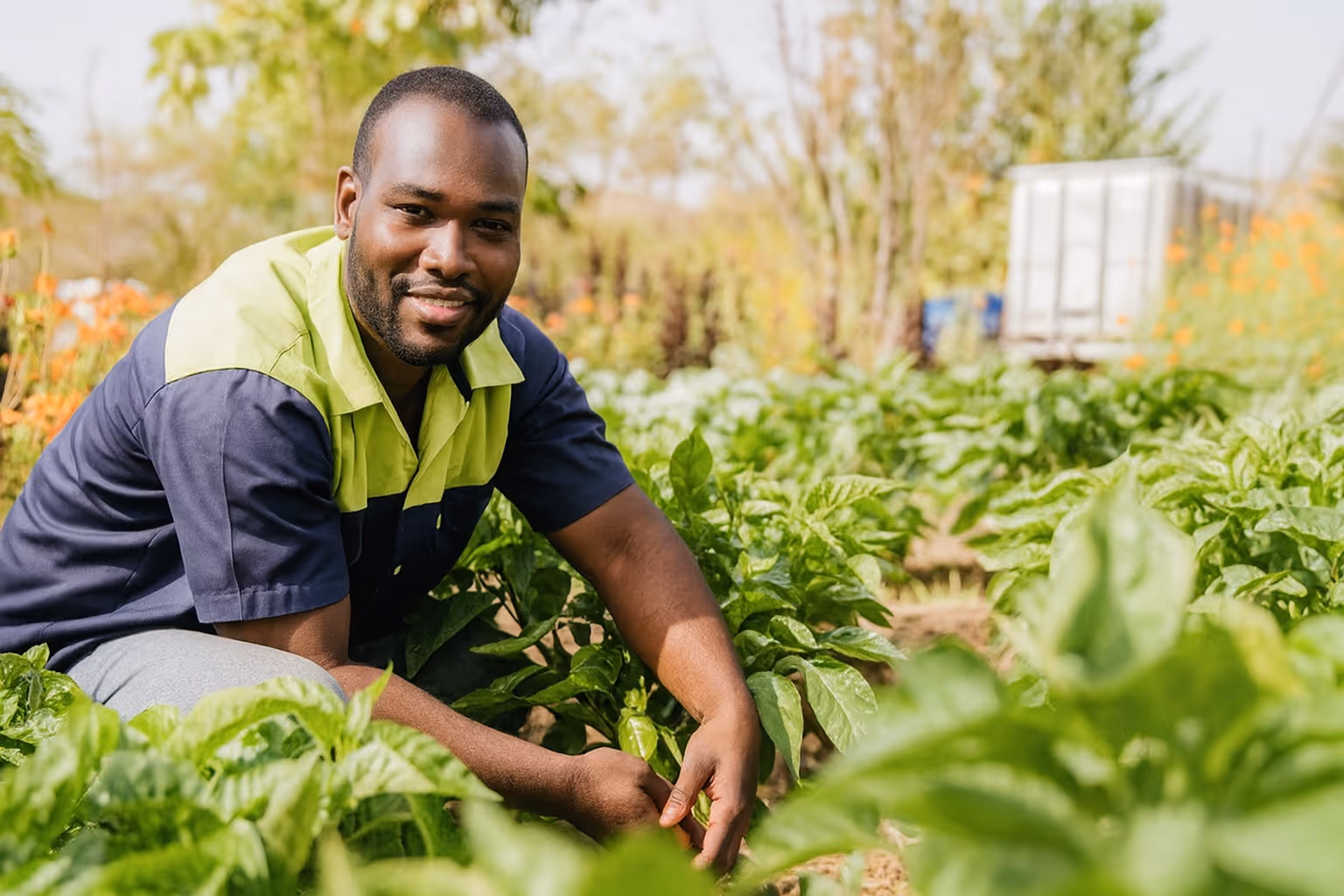 Smiling male farmer crouching and tending to green leafy plants in a garden.
